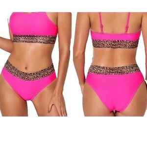 Neon Pink and Leopard Mesh Contrast High Cut/Waisted Bikini Bottom Size M